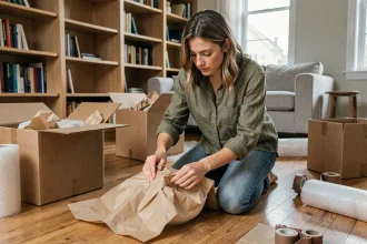 Femme emballant de la vaisselle dans du papier kraft au milieu de cartons ouverts lors d'un déménagement
