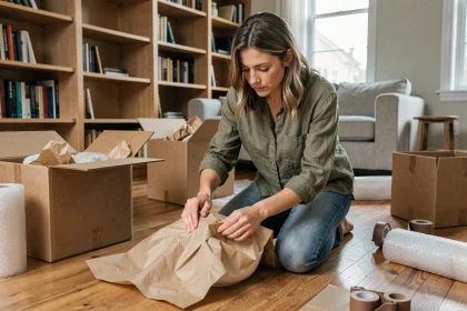 Femme emballant de la vaisselle dans du papier kraft au milieu de cartons ouverts lors d'un déménagement