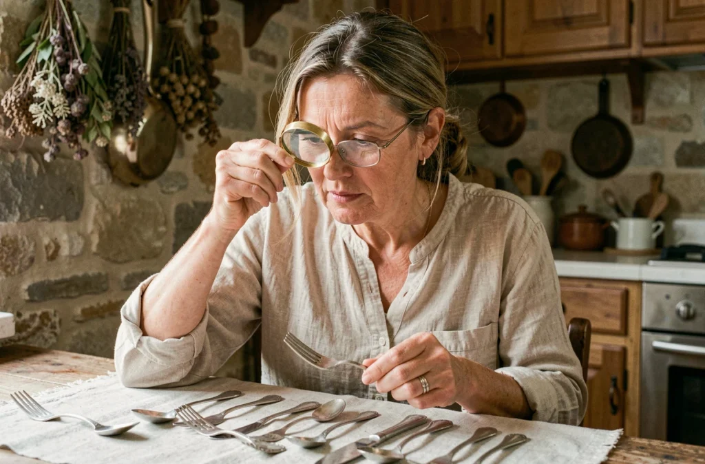 Femme examinant des couverts en argent de famille avec une loupe dans une cuisine rustique française