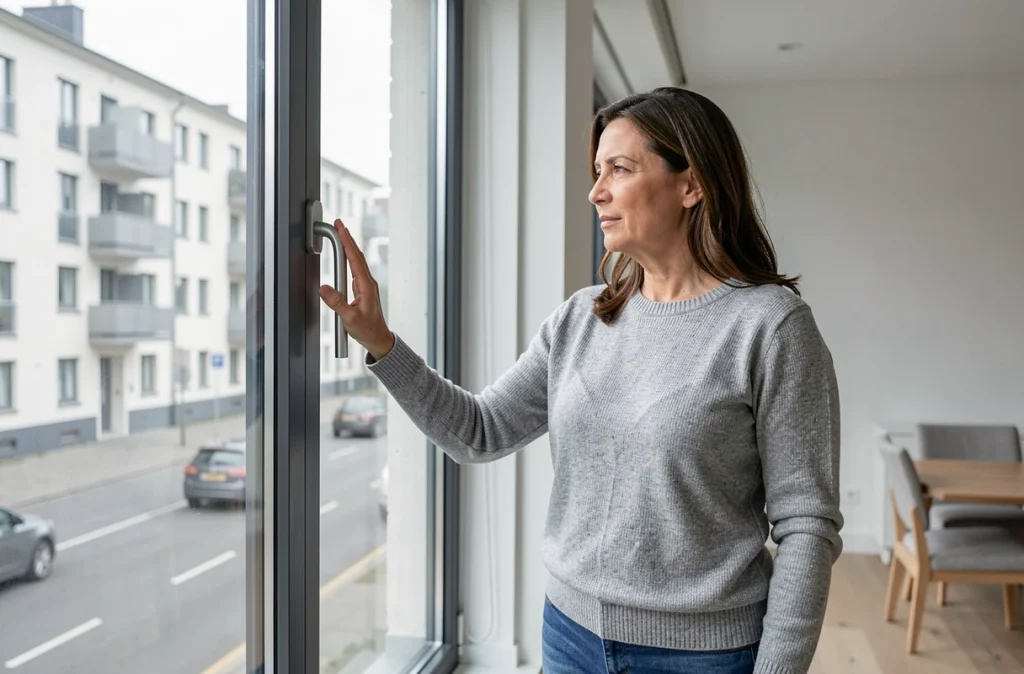 Femme touchant le vitrage intérieur d'une fenêtre triple vitrage dans un appartement rénové moderne