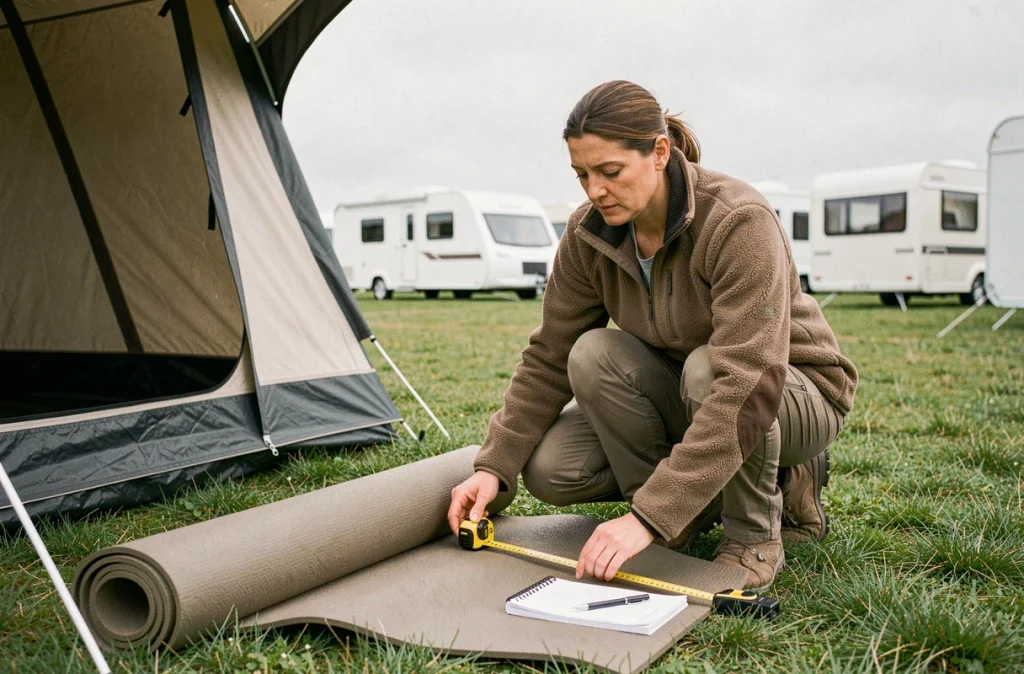 Femme mesurant un tapis de sol extérieur pour camping-car sur un emplacement de camping en herbe