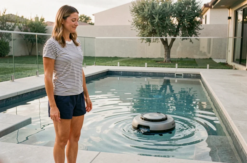 Femme observant un robot nettoyeur fonctionner au fond de sa piscine extérieure moderne