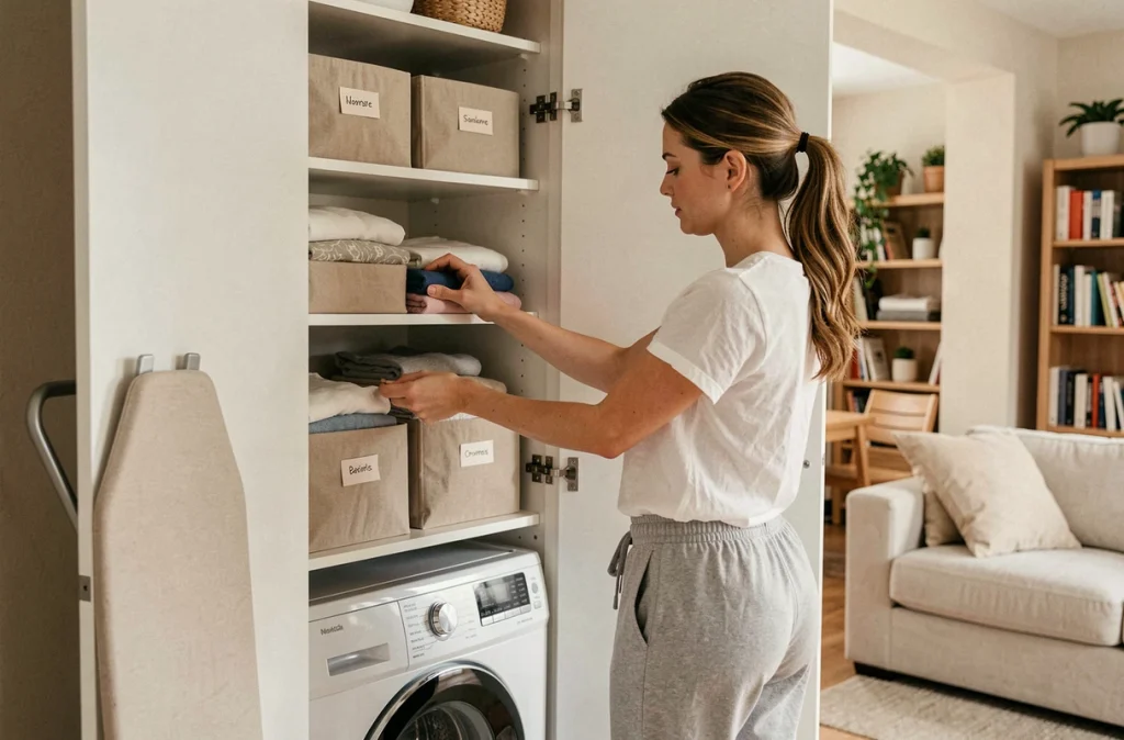 Femme rangeant du linge dans un placard buanderie aménagé avec machine à laver et étagères dans un petit appartement