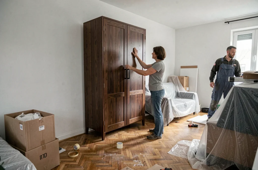 Une femme supervisant le placement d'une grande armoire en bois lors d'un déménagement dans un appartement
