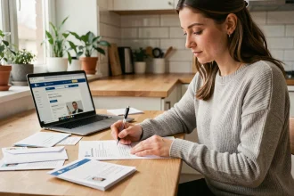 Femme remplissant des formulaires administratifs pour un changement d'adresse à son domicile