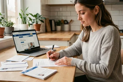 Femme remplissant des formulaires administratifs pour un changement d'adresse à son domicile