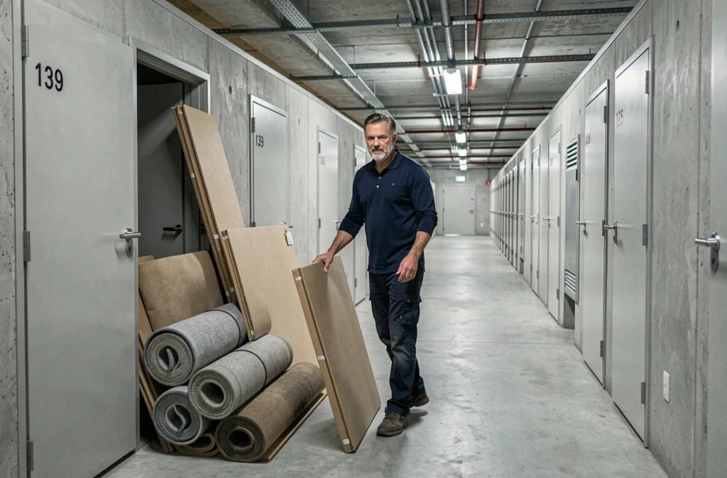 Homme déposant des meubles dans un couloir de garde-meuble urbain