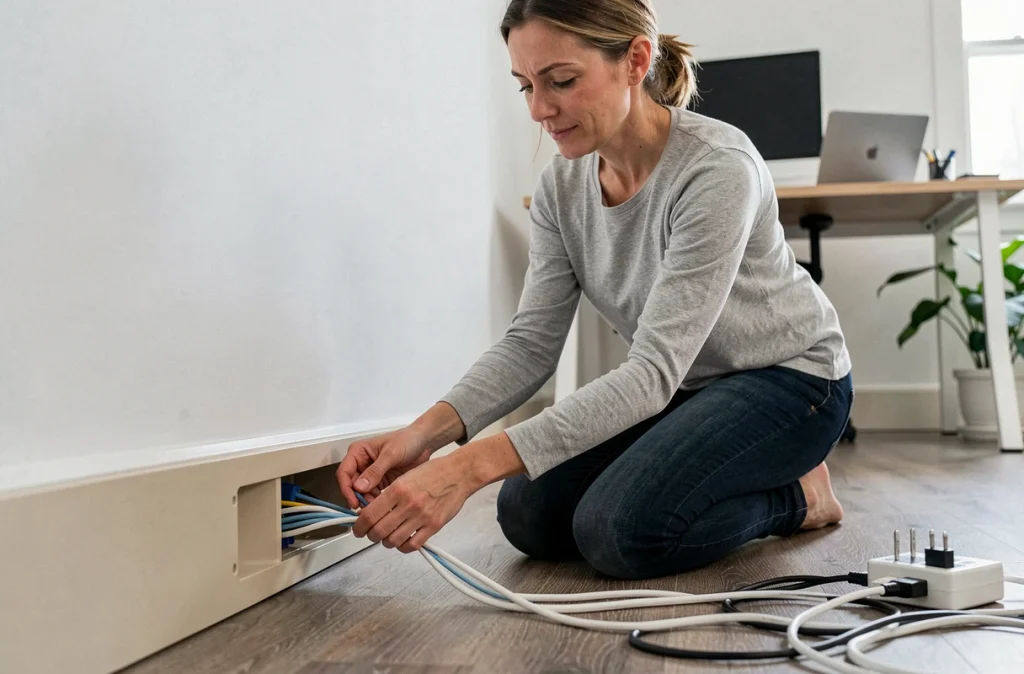 Femme organisant des câbles dans une goulotte en plastique beige au niveau de la plinthe dans un bureau à domicile moderne