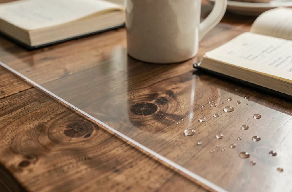 Gros plan sur une protection plastique transparente recouvrant une table en noyer avec une tasse de café posée dessus