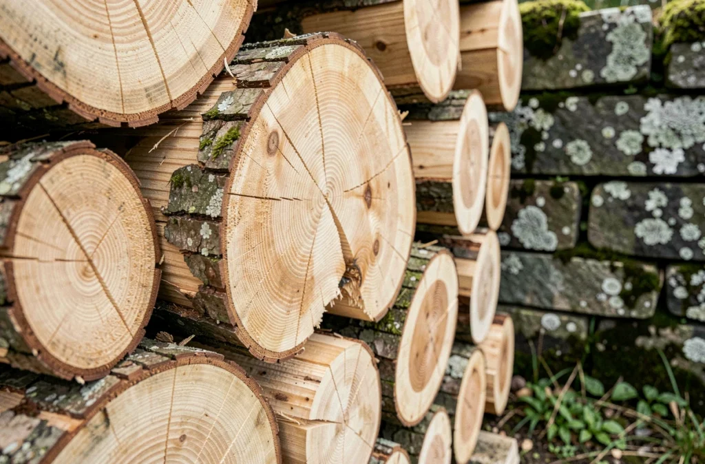 Gros plan sur les sections transversales de bûches de hêtre et de chêne empilées en stère avec anneaux de croissance visibles