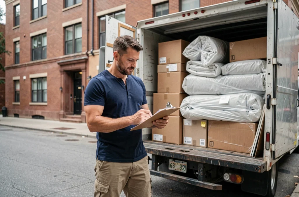 Homme consultant une checklist de déménagement devant un camion chargé dans une rue résidentielle urbaine