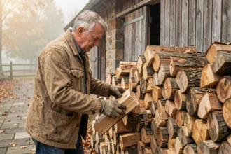 Homme empilant des bûches de bois de chauffage de 50 cm en stère contre une grange en bois en automne