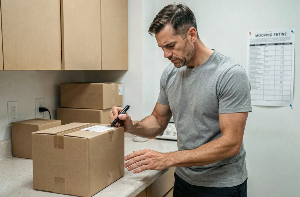 Homme étiquetant des cartons de déménagement dans une cuisine vidée avant un départ