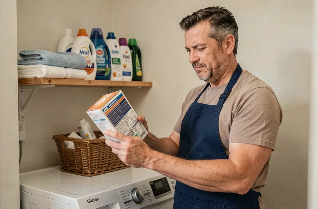 Homme lisant les instructions du dosage sur une boîte de lessive avant de remplir les compartiments