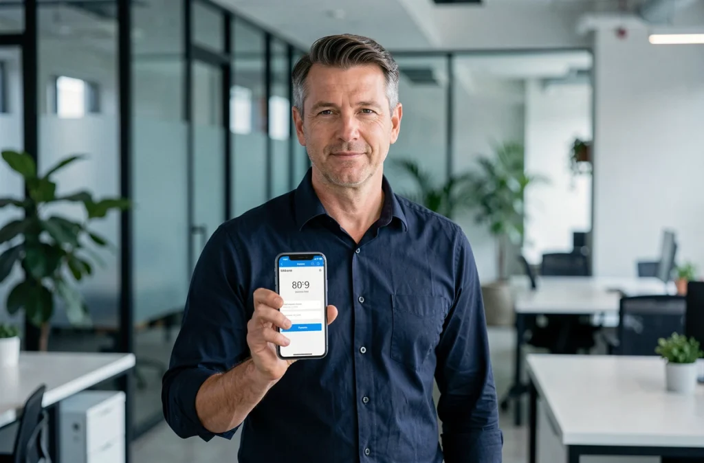 Homme confirmant un paiement sécurisé sur Stootie via smartphone dans un espace de coworking