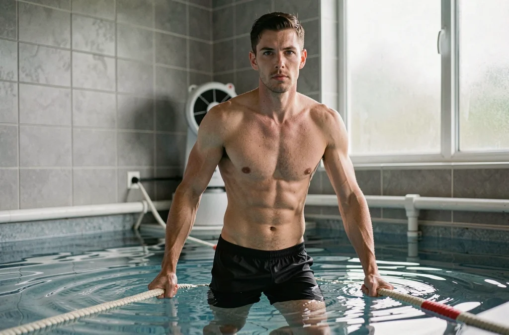 Homme se préparant à nager à contre-courant dans une piscine intérieure compacte avec système de résistance hydraulique