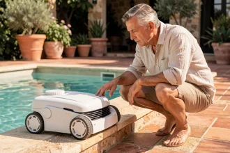 Homme examinant un robot nettoyeur de piscine au bord d'une piscine extérieure en pierre