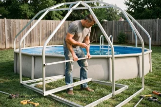 Homme assemblant les arceaux d'un abri de piscine hors-sol en aluminium dans un jardin de maison individuelle