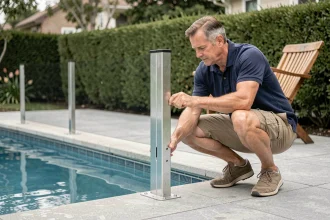 Homme installant une barrière de sécurité rigide autour d'une piscine familiale dans un jardin résidentiel