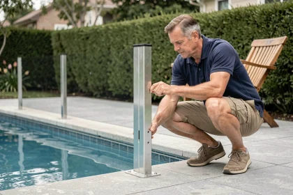 Homme installant une barrière de sécurité rigide autour d'une piscine familiale dans un jardin résidentiel