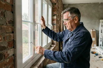 Artisan installant une fenêtre à triple vitrage lors d'une rénovation intérieure avec murs en brique apparente