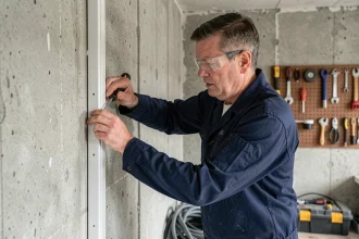 Électricien installant une goulotte en plastique blanche sur un mur en béton dans un garage résidentiel