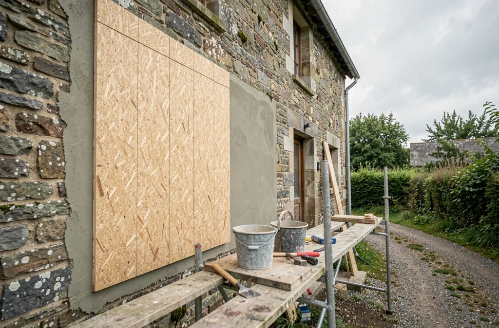 Façade de maison ancienne en pierre en cours d'isolation extérieure avec des panneaux en fibre de bois et enduit naturel