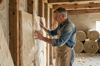 Artisan posant des rouleaux d'isolation en laine naturelle sur une ossature bois dans une maison en rénovation