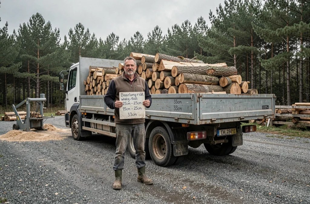 Marchand de bois debout près d'un camion chargé de bûches de différentes longueurs avec panneau de prix en milieu rural