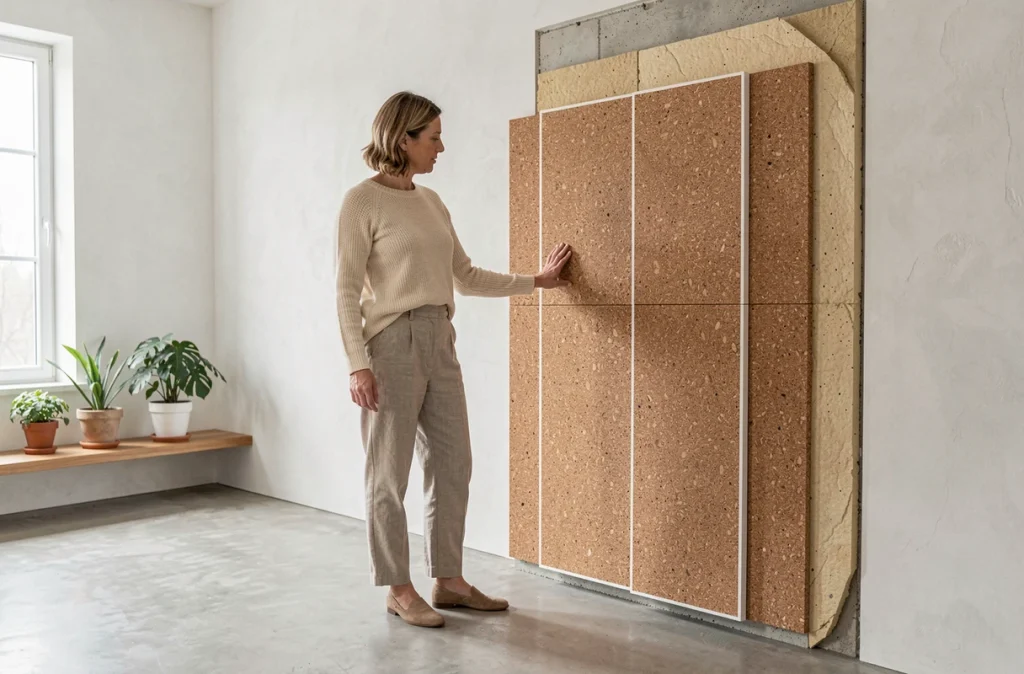Femme découvrant une coupe transversale de matériaux isolants naturels comme le liège et la cellulose dans un intérieur moderne