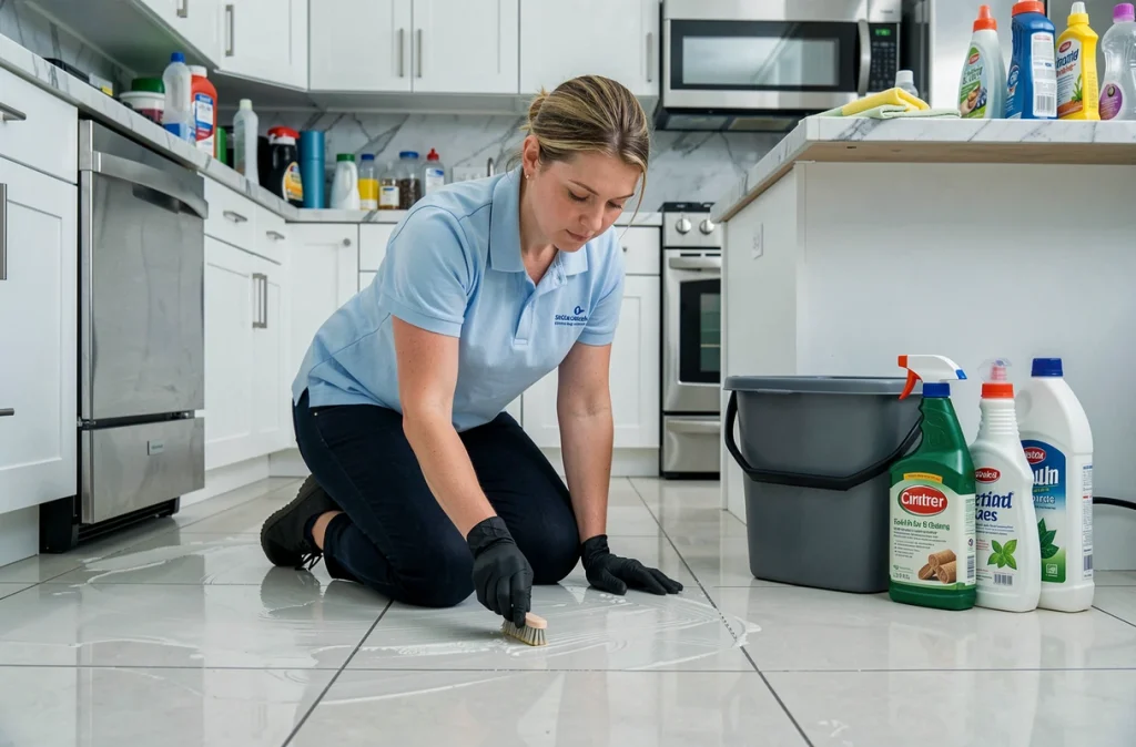 Professionnelle du ménage en polo bleu nettoyant le carrelage d'une cuisine moderne avec des produits écologiques