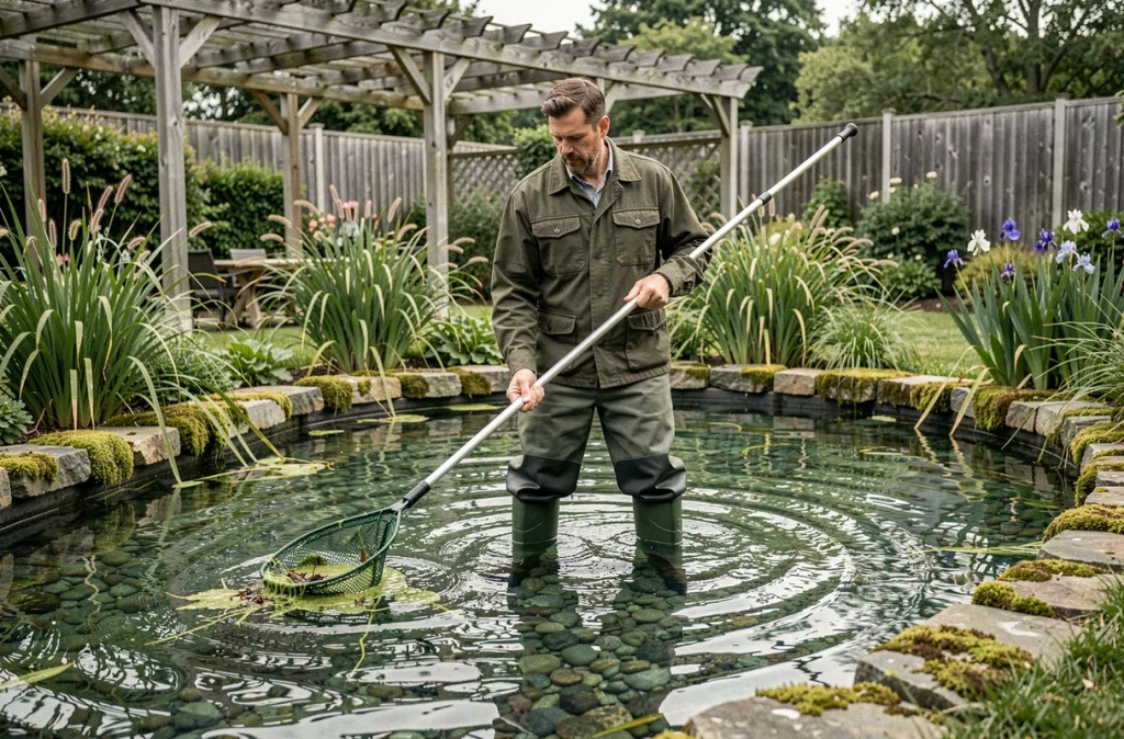 Homme en cuissardes nettoyant une piscine biologique naturelle avec une épuisette à chaque saison