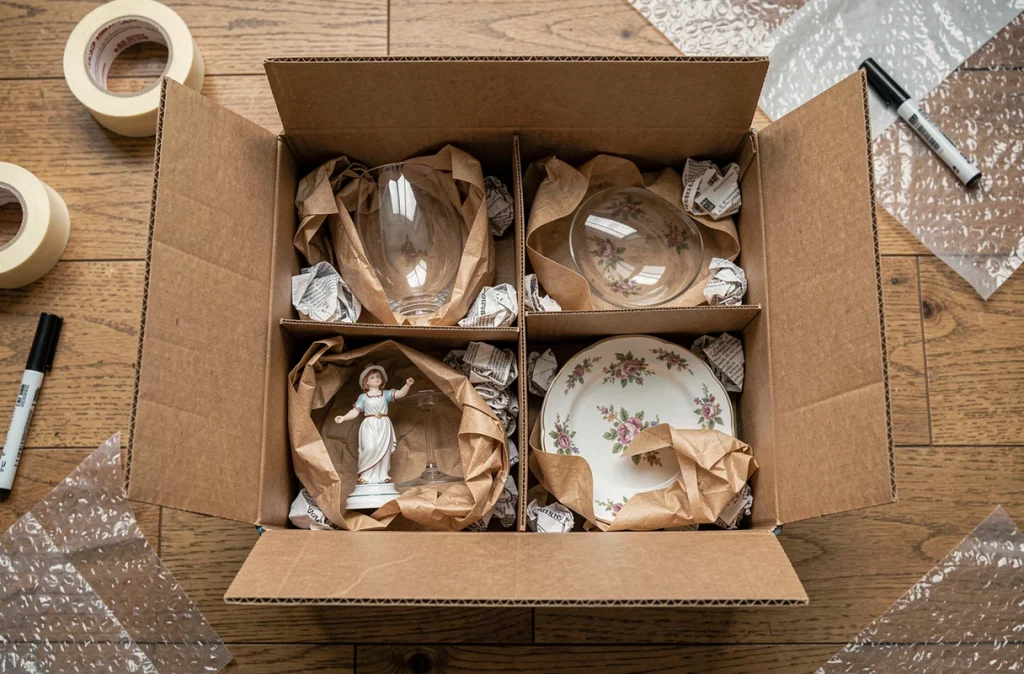 Vue aérienne d'objets fragiles emballés dans du papier kraft et rangés dans un carton divisé pour un déménagement