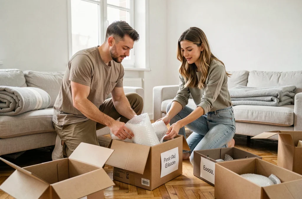 Deux amis organisant des affaires en cartons dans un appartement avant un déménagement