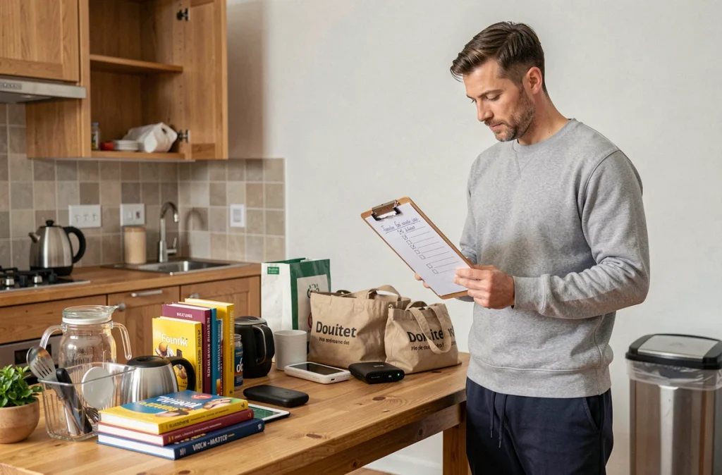 Homme organisant et triant des objets ménagers sur une table de cuisine avant de déménager avec une liste de contrôle