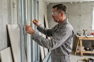 Ouvrier mesurant un montant métallique pour un doublage de cloison placo en rénovation intérieure