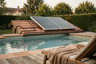 Panneau solaire thermique installé sur un toit pour chauffer l'eau d'une piscine résidentielle