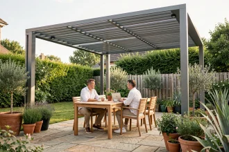 Couple profitant d'une terrasse équipée d'une pergola bioclimatique à lames orientables en aluminium
