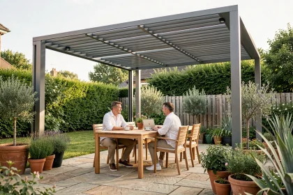 Couple profitant d'une terrasse équipée d'une pergola bioclimatique à lames orientables en aluminium