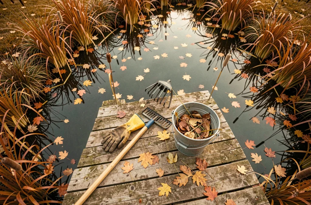Vue en plongée d'une piscine naturelle en automne avec outils d'entretien et feuilles mortes sur l'eau
