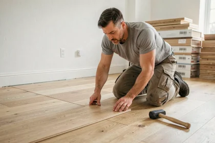 Homme posant des lames de parquet flottant en chêne dans un salon en cours de rénovation
