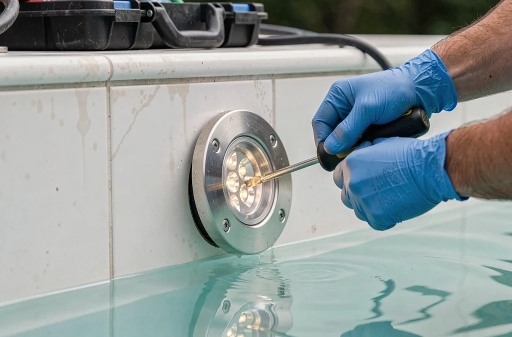 Gros plan sur la pose d'un projecteur LED étanche dans une niche de piscine par un technicien