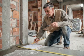 Professionnel du bâtiment mesurant des mètres cubes sur un chantier de construction avec un mètre ruban