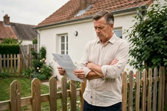 Propriétaire examinant un courrier administratif concernant le non-respect du PLU pour une clôture en bois dans un jardin pavillonnaire français