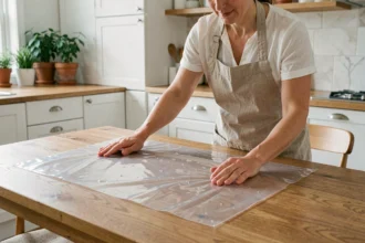 Femme posant une protection plastique transparente sur une table en chêne massif dans une cuisine scandinave