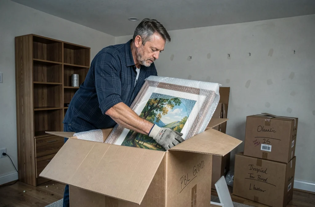 Homme rangeant un tableau emballé dans un carton renforcé lors d'un déménagement