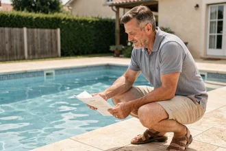 Propriétaire de maison consultant des documents réglementaires au bord d'une piscine privée dans un jardin résidentiel français