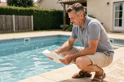 Propriétaire de maison consultant des documents réglementaires au bord d'une piscine privée dans un jardin résidentiel français