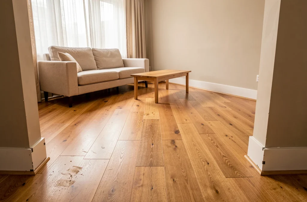 Salon moderne avec parquet flottant en chêne miel fraîchement posé et plinthes blanches
