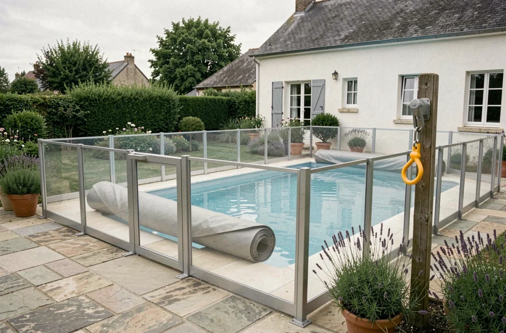 Vue d'ensemble d'une piscine familiale sécurisée avec barrière, bâche et perche de sauvetage dans un jardin résidentiel